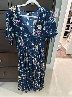GAP SJP Navy Floral Tie-Sleeve Midi Dress